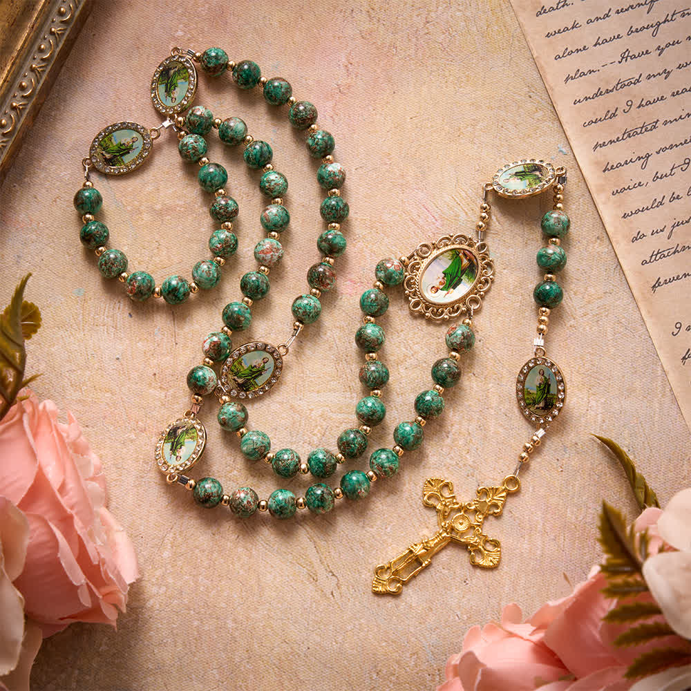 Christianartworkshop Natural Speckled Green Glass Rosary Decorated With Printed Saint Jude Oval Medallions - image 3