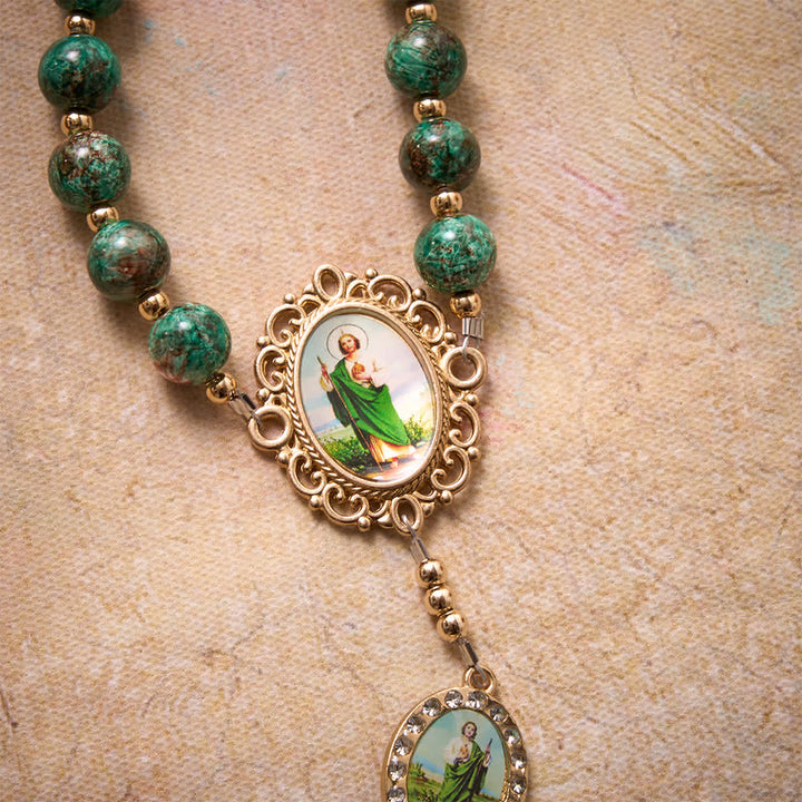 Christianartworkshop Natural Speckled Green Glass Rosary Decorated With Printed Saint Jude Oval Medallions - image 7