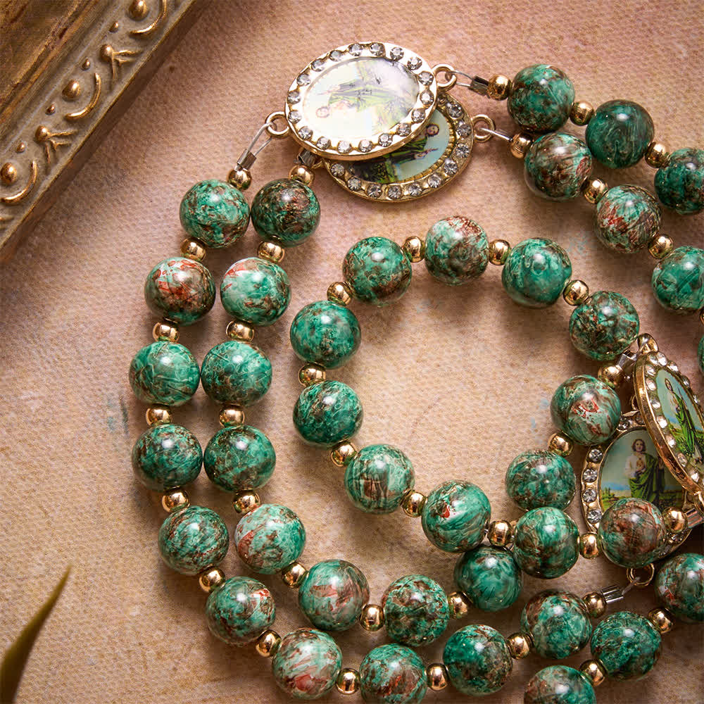 Christianartworkshop Natural Speckled Green Glass Rosary Decorated With Printed Saint Jude Oval Medallions - image 5