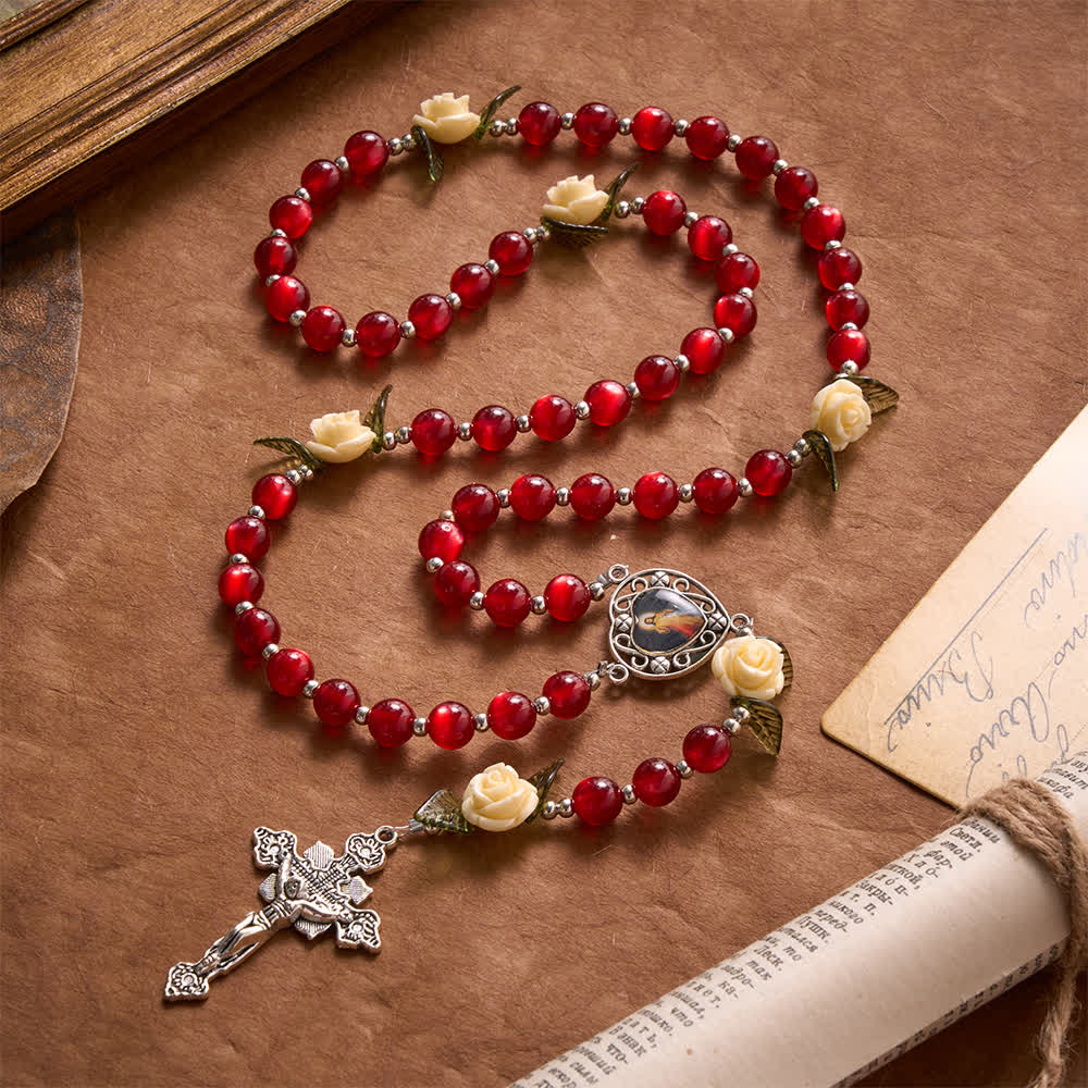 Christianartworkshop Red Resin Bead Divine Mercy Rosary With Cream Rose Leaf Charms & Vintage Crucifix - Red Divine Mercy Rosary - image 0