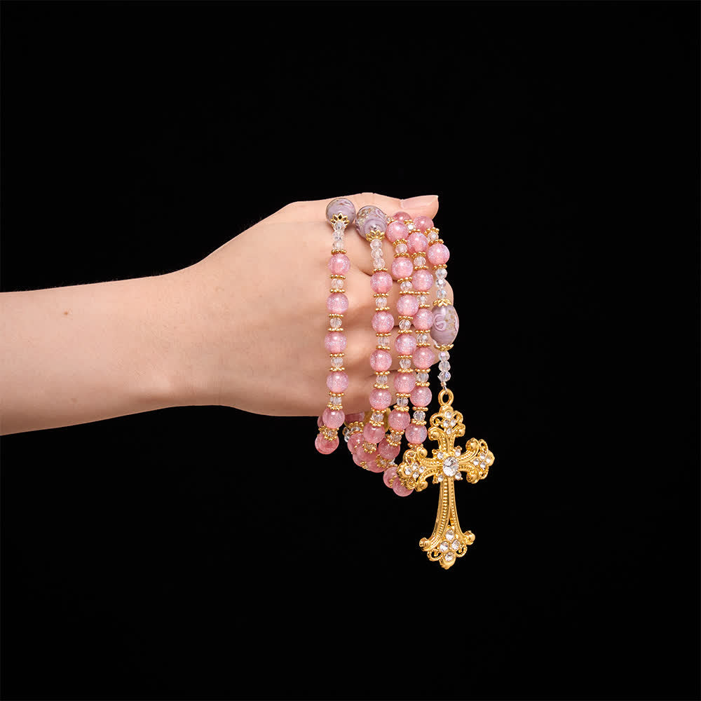 Christianartworkshop Luxe Pink Glitter Floral Glass Bead Rosary With Our Lady Heart Locket & Golden Cross: Emblem of Gentle Heavenly Purity - image 1