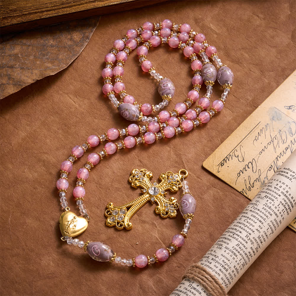 Christianartworkshop Luxe Pink Glitter Floral Glass Bead Rosary With Our Lady Heart Locket & Golden Cross: Emblem of Gentle Heavenly Purity - image 2
