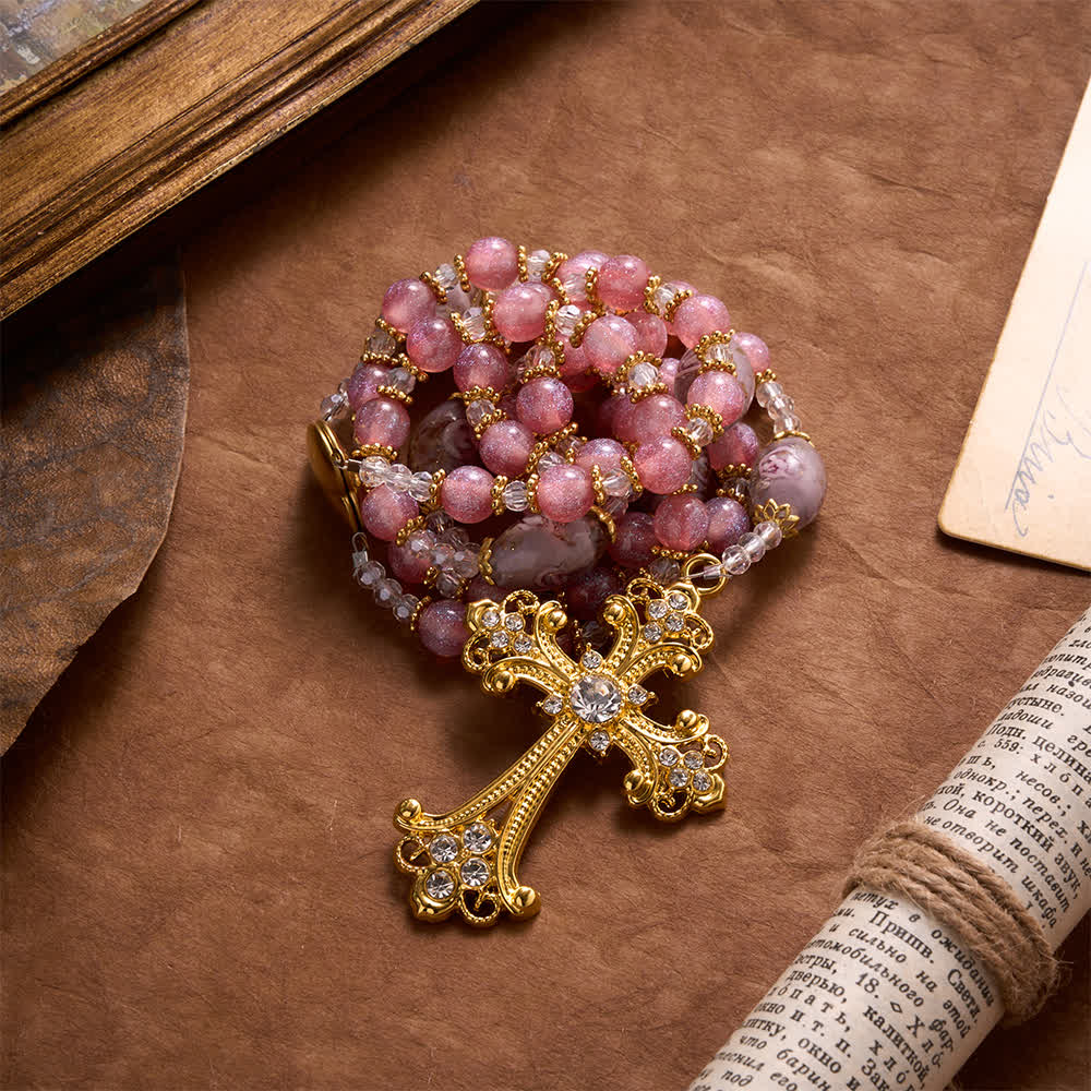 Christianartworkshop Luxe Pink Glitter Floral Glass Bead Rosary With Our Lady Heart Locket & Golden Cross: Emblem of Gentle Heavenly Purity - image 4