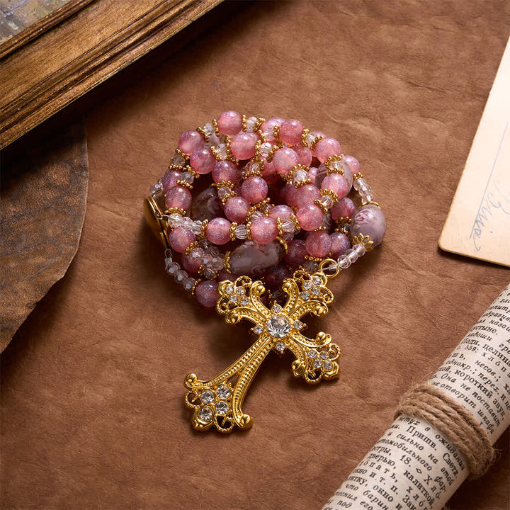 Christianartworkshop Luxe Pink Glitter Floral Glass Bead Rosary With Our Lady Heart Locket & Golden Cross: Emblem of Gentle Heavenly Purity - image 4