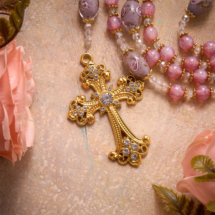 Christianartworkshop Luxe Pink Glitter Floral Glass Bead Rosary With Our Lady Heart Locket & Golden Cross: Emblem of Gentle Heavenly Purity - image 7