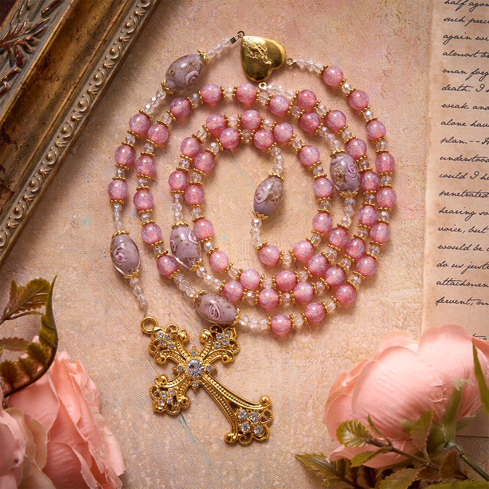 Christianartworkshop Luxe Pink Glitter Floral Glass Bead Rosary With Our Lady Heart Locket & Golden Cross: Emblem of Gentle Heavenly Purity - Pink Floral Rosary - image 0