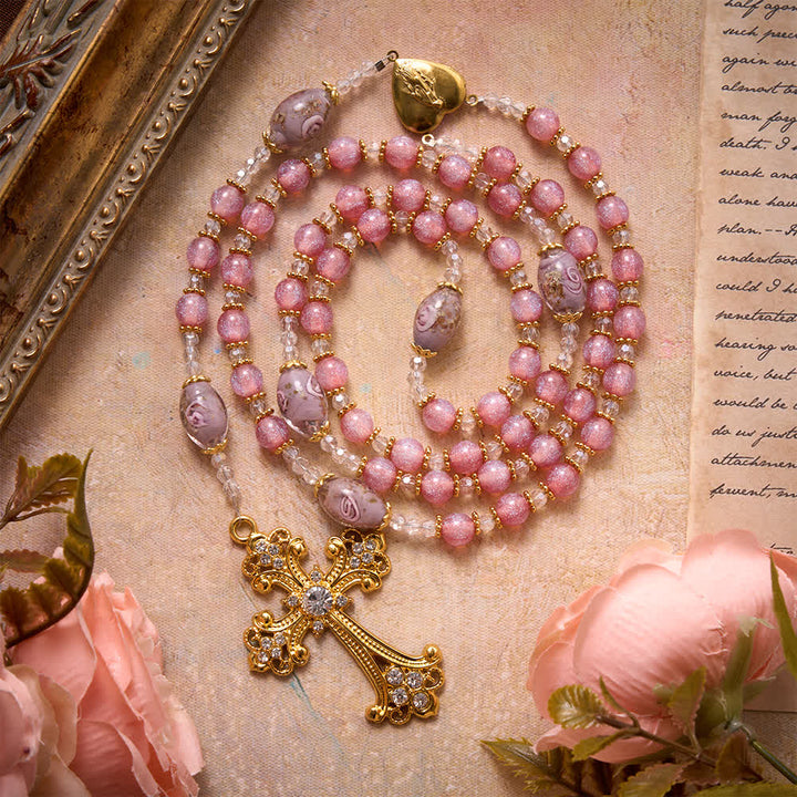 Christianartworkshop Luxe Pink Glitter Floral Glass Bead Rosary With Our Lady Heart Locket & Golden Cross: Emblem of Gentle Heavenly Purity - Pink Floral Rosary - image 0