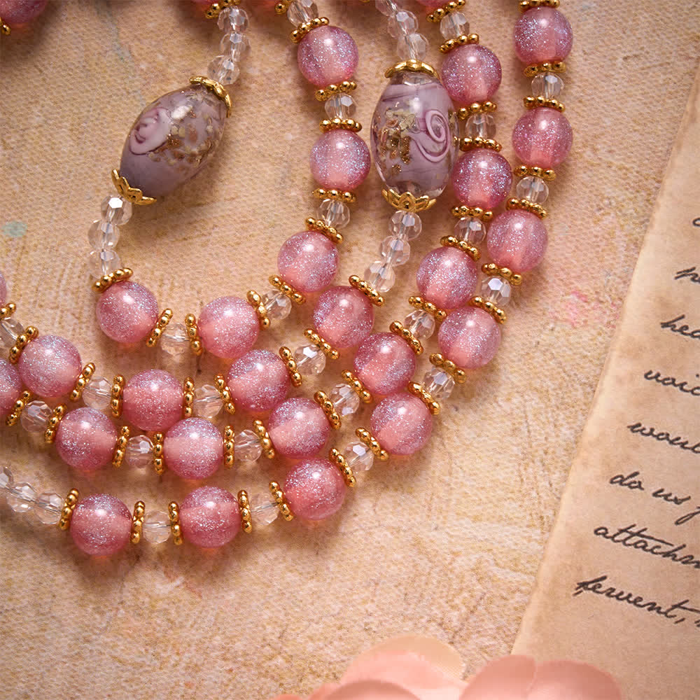 Christianartworkshop Luxe Pink Glitter Floral Glass Bead Rosary With Our Lady Heart Locket & Golden Cross: Emblem of Gentle Heavenly Purity - image 5