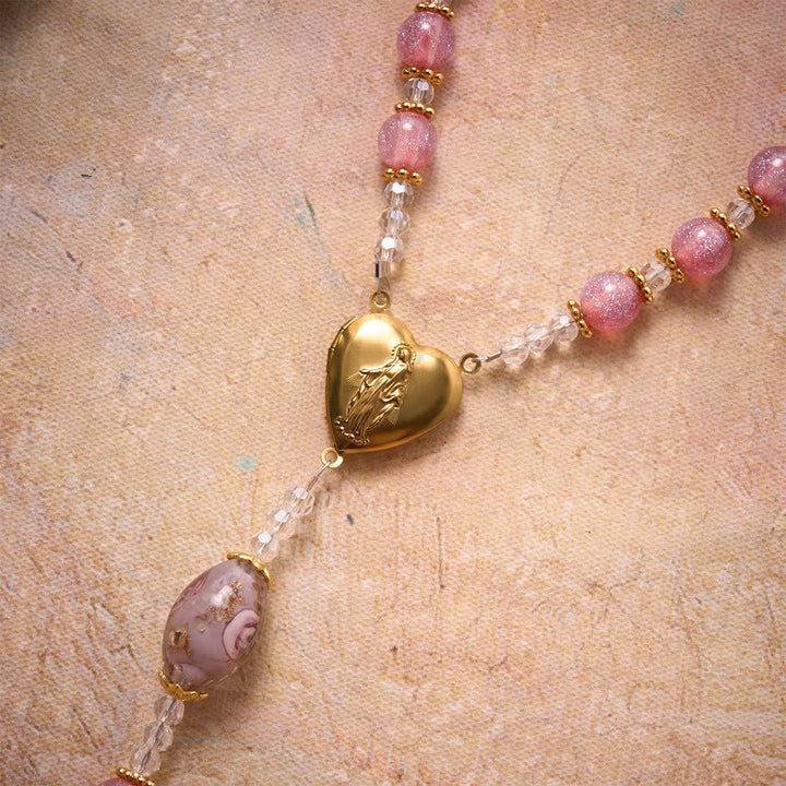 Christianartworkshop Luxe Pink Glitter Floral Glass Bead Rosary With Our Lady Heart Locket & Golden Cross: Emblem of Gentle Heavenly Purity - image 6