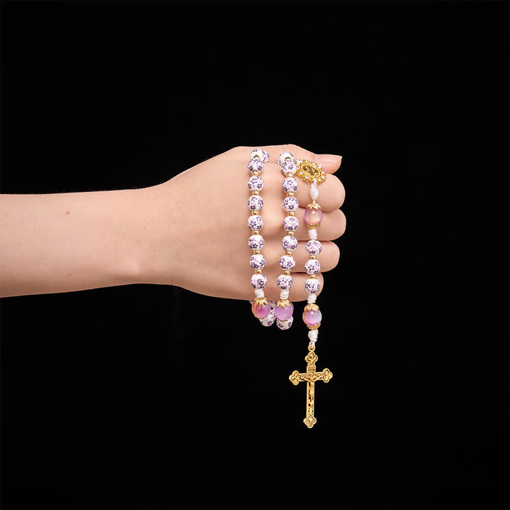 Christianartworkshop Purple Floral Porcelain Style Saint Benedict Knotted Cord Rosary With Gradient Purple Glass Beads & Golden Crucifix - image 1