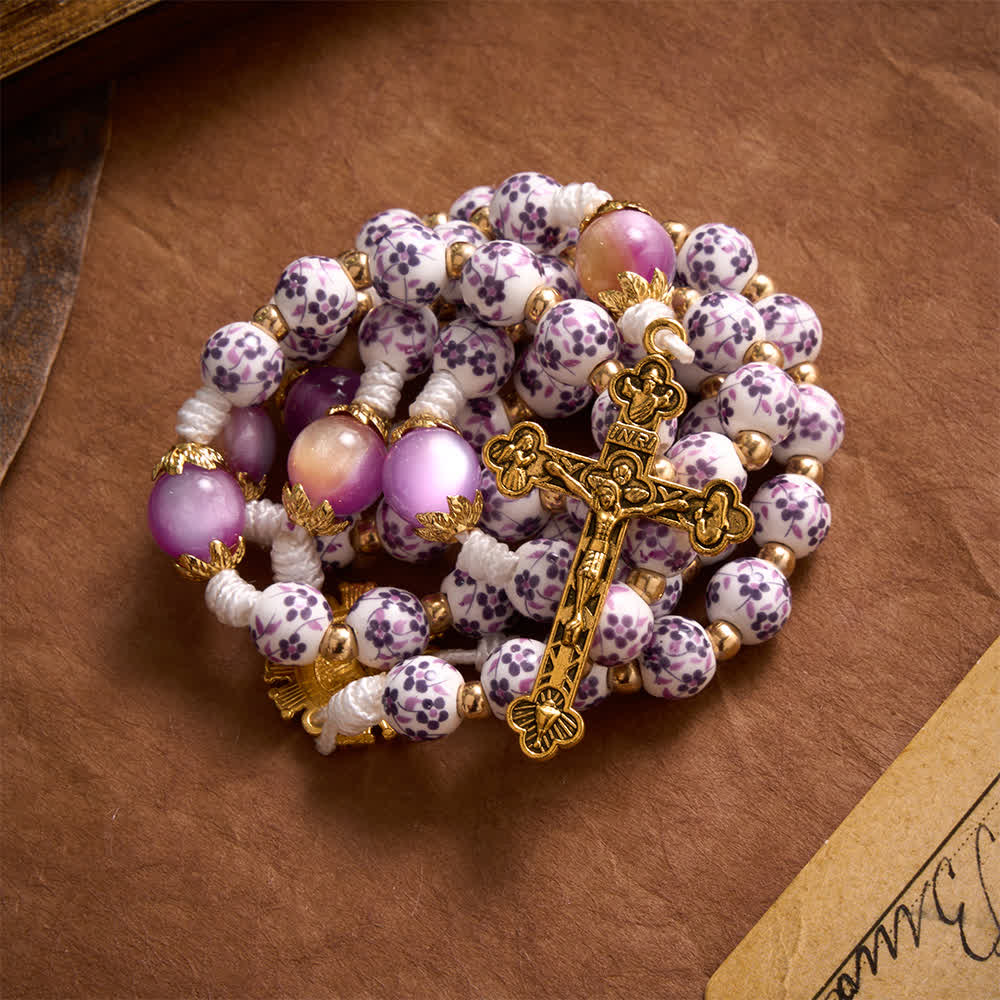 Christianartworkshop Purple Floral Porcelain Style Saint Benedict Knotted Cord Rosary With Gradient Purple Glass Beads & Golden Crucifix - image 3