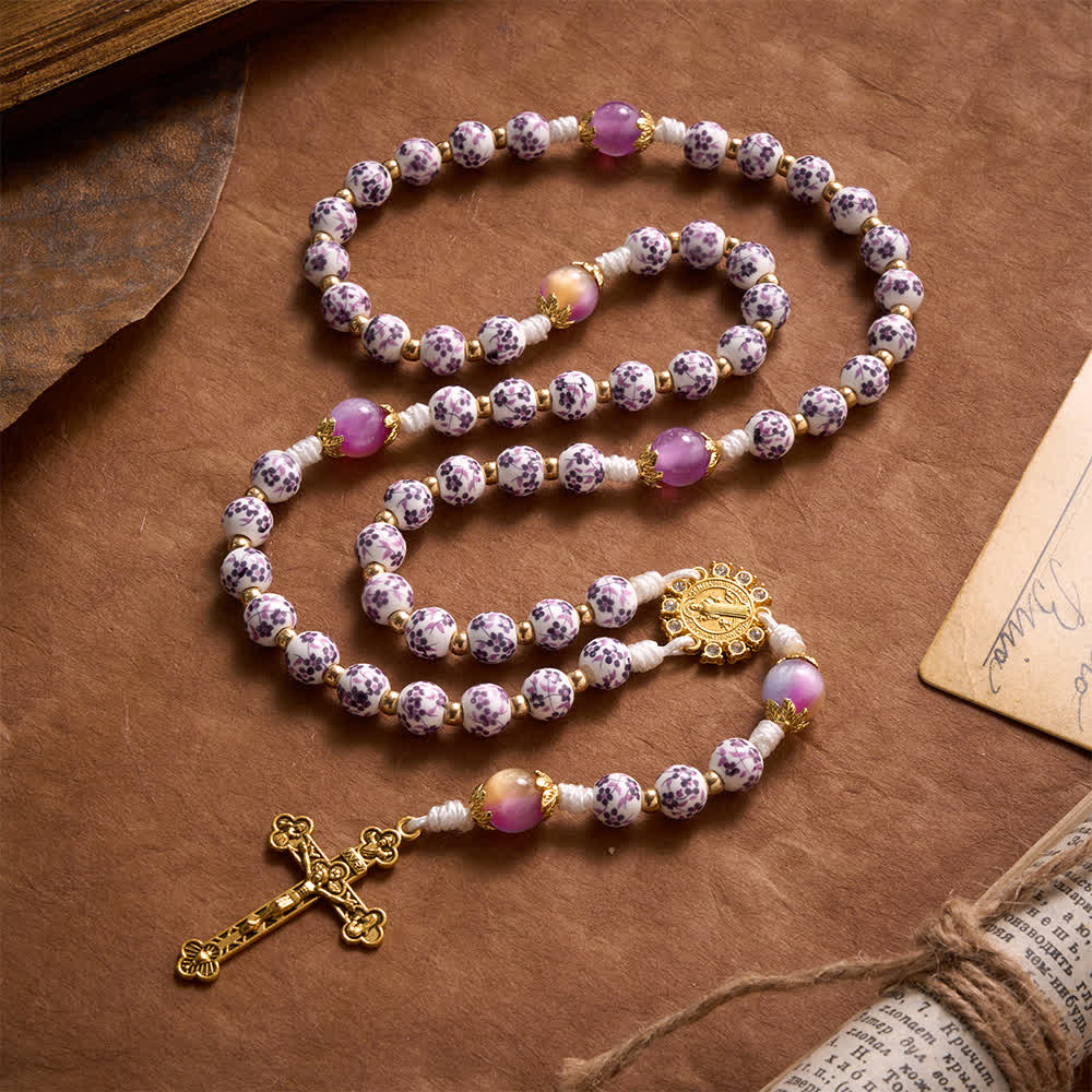 Christianartworkshop Purple Floral Porcelain Style Saint Benedict Knotted Cord Rosary With Gradient Purple Glass Beads & Golden Crucifix - image 4