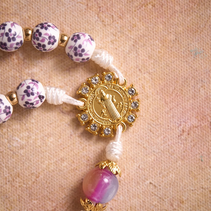 Christianartworkshop Purple Floral Porcelain Style Saint Benedict Knotted Cord Rosary With Gradient Purple Glass Beads & Golden Crucifix - image 6
