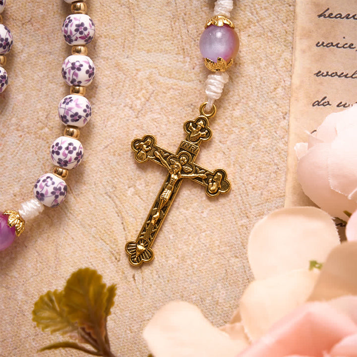 Christianartworkshop Purple Floral Porcelain Style Saint Benedict Knotted Cord Rosary With Gradient Purple Glass Beads & Golden Crucifix - image 7
