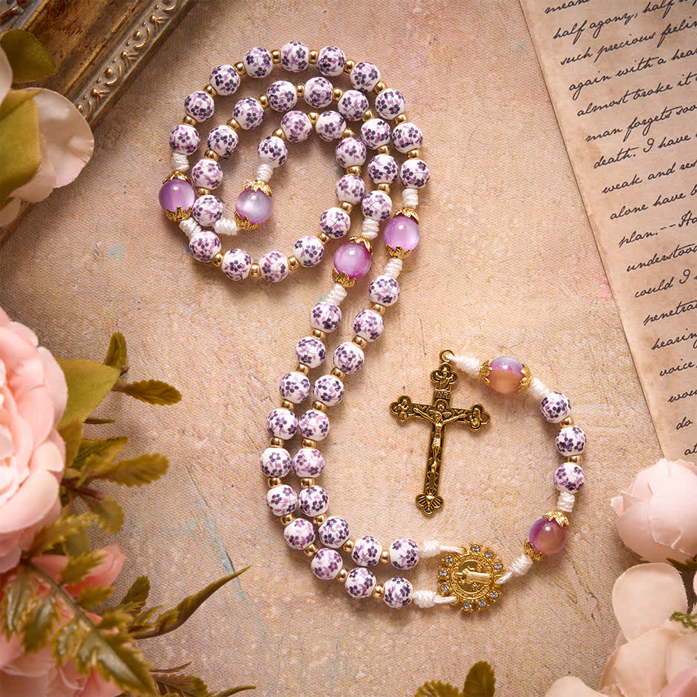 Christianartworkshop Purple Floral Porcelain Style Saint Benedict Knotted Cord Rosary With Gradient Purple Glass Beads & Golden Crucifix - image 2