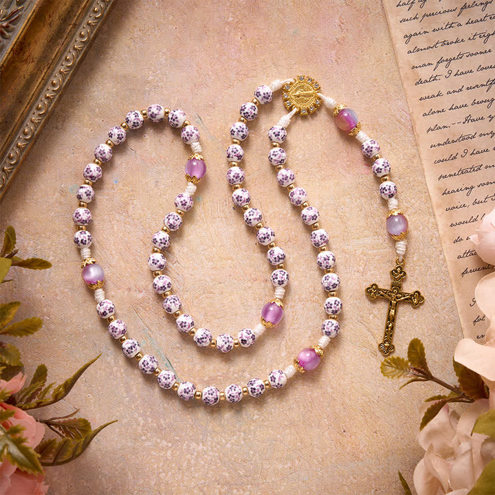 Christianartworkshop Purple Floral Porcelain Style Saint Benedict Knotted Cord Rosary With Gradient Purple Glass Beads & Golden Crucifix - Purple Floral Ceramic Rosary - image 0