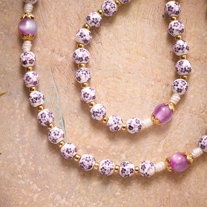 Christianartworkshop Purple Floral Porcelain Style Saint Benedict Knotted Cord Rosary With Gradient Purple Glass Beads & Golden Crucifix - image 5