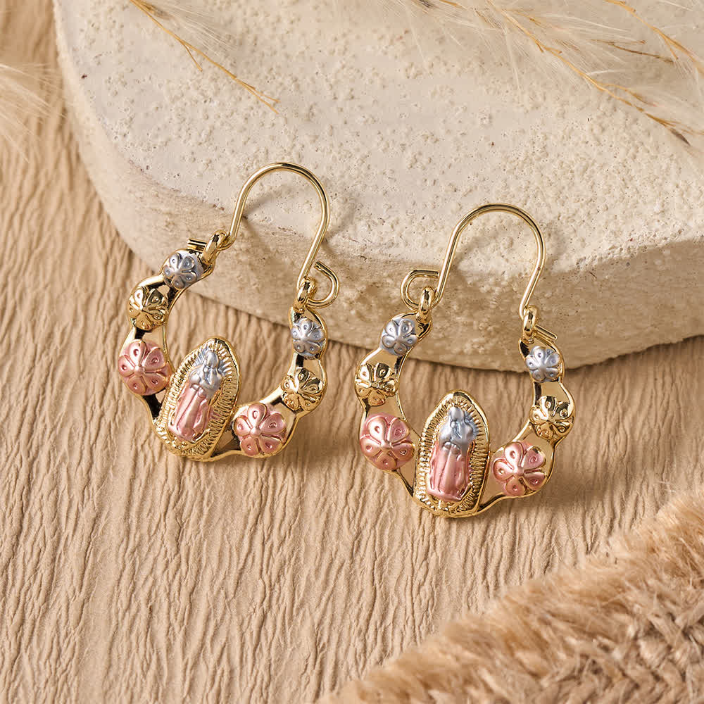 Christianartworkshop Tri-Toned Embossed Our Lady Wavy Horseshoe Hook Earrings With Floral Accents: Emblem of Tender Heavenly Shelter - image 3