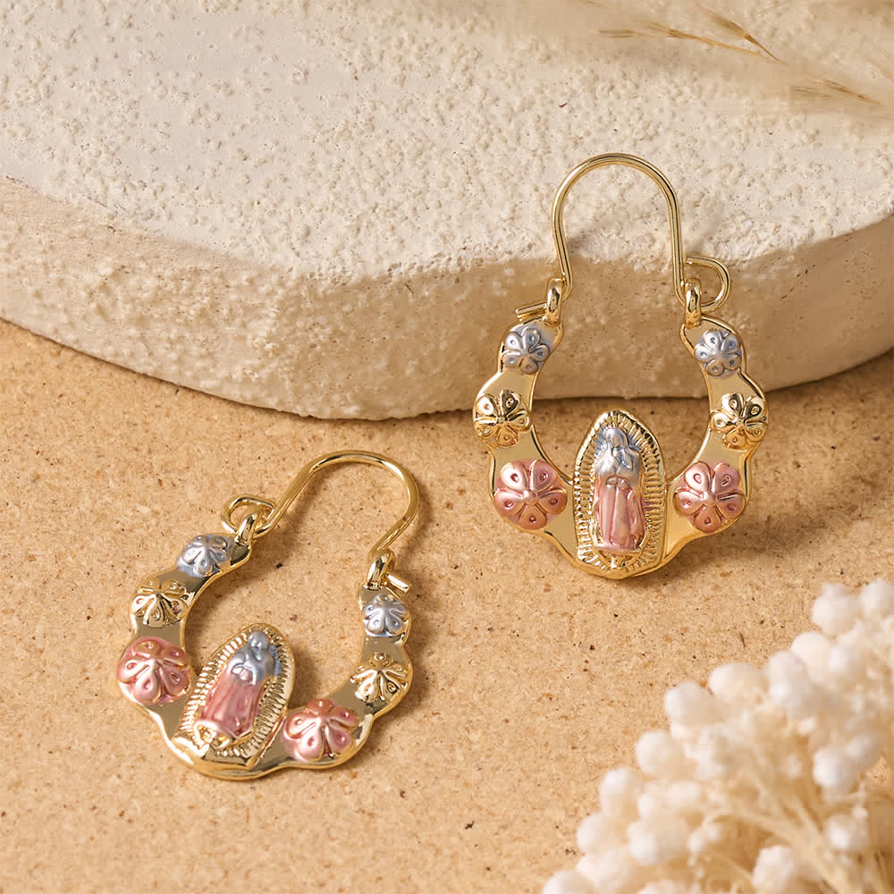 Christianartworkshop Tri-Toned Embossed Our Lady Wavy Horseshoe Hook Earrings With Floral Accents: Emblem of Tender Heavenly Shelter - image 2