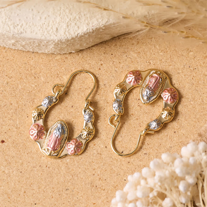 Christianartworkshop Tri-Toned Embossed Our Lady Wavy Horseshoe Hook Earrings With Floral Accents: Emblem of Tender Heavenly Shelter - image 4