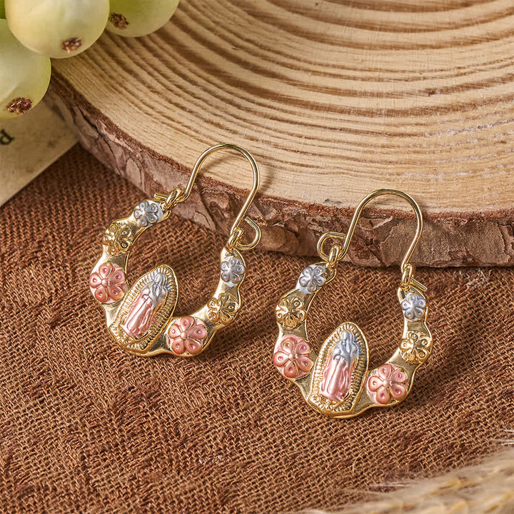Christianartworkshop Tri-Toned Embossed Our Lady Wavy Horseshoe Hook Earrings With Floral Accents: Emblem of Tender Heavenly Shelter - Floral Our Lady Earrings - image 0