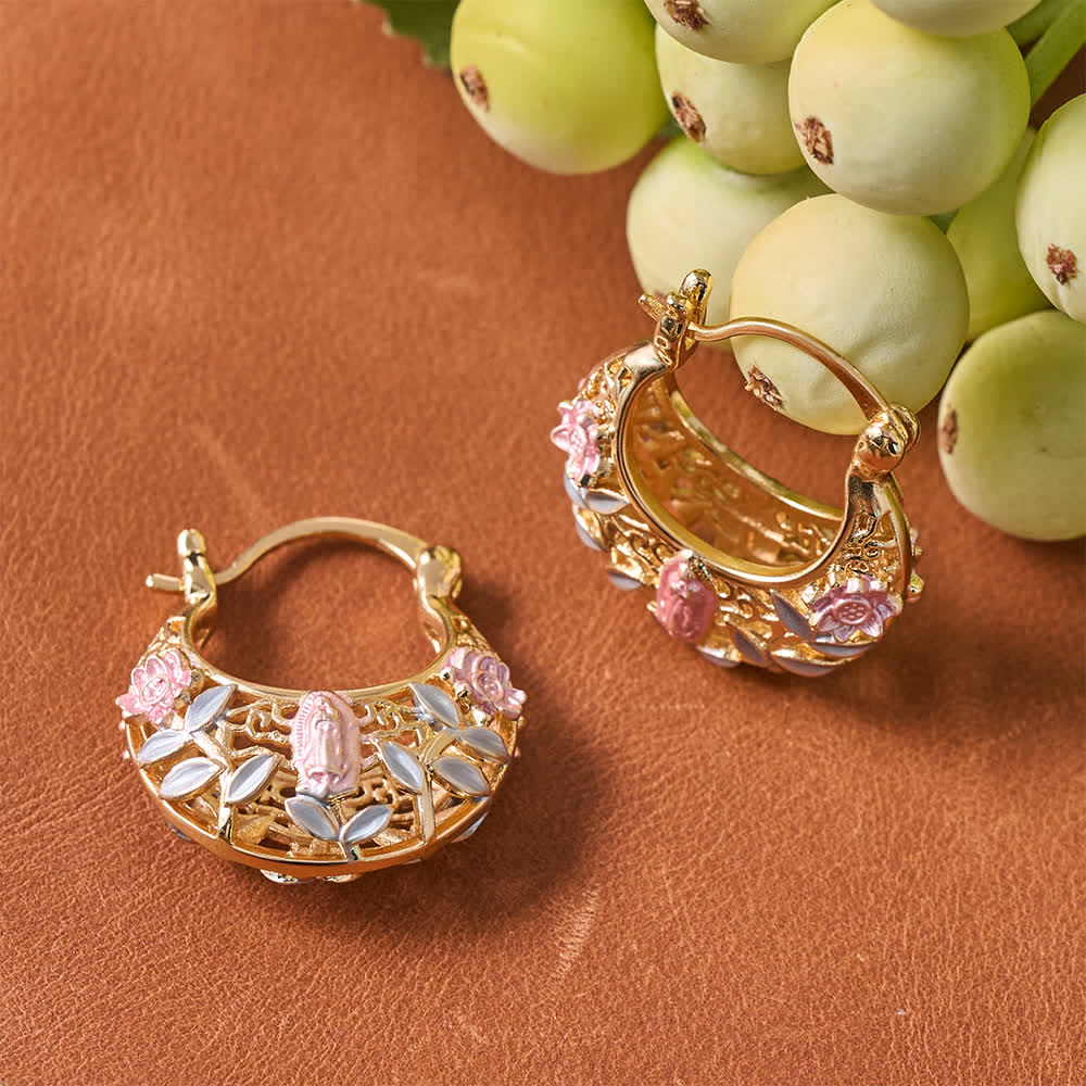 Christianartworkshop Openwork Filigree Floral Our Lady Basket Hoop Snap Earrings With Enamel Rose & Leaf Accents: Emblem of Tender Heavenly Shelter - image 1