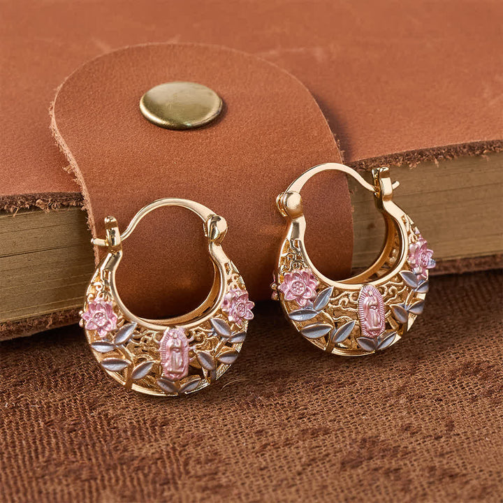 Christianartworkshop Openwork Filigree Floral Our Lady Basket Hoop Snap Earrings With Enamel Rose & Leaf Accents: Emblem of Tender Heavenly Shelter - image 2