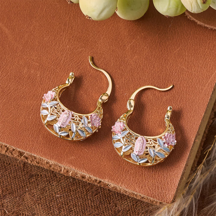 Christianartworkshop Openwork Filigree Floral Our Lady Basket Hoop Snap Earrings With Enamel Rose & Leaf Accents: Emblem of Tender Heavenly Shelter - image 3