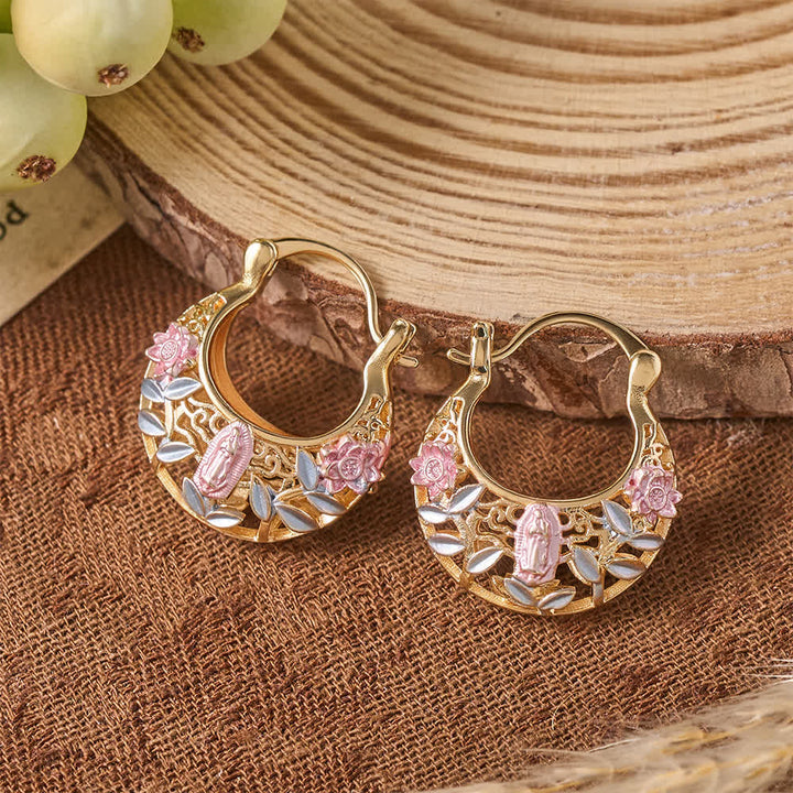 Christianartworkshop Openwork Filigree Floral Our Lady Basket Hoop Snap Earrings With Enamel Rose & Leaf Accents: Emblem of Tender Heavenly Shelter - Floral Our Lady Earrings - image 0