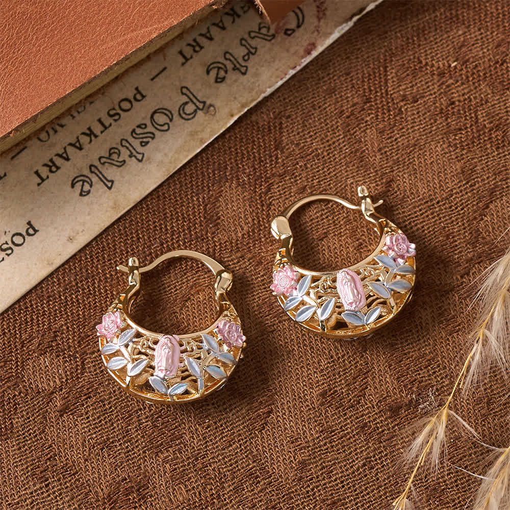 Christianartworkshop Openwork Filigree Floral Our Lady Basket Hoop Snap Earrings With Enamel Rose & Leaf Accents: Emblem of Tender Heavenly Shelter - image 4