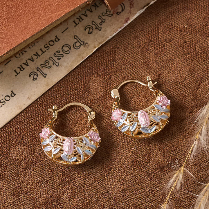 Christianartworkshop Openwork Filigree Floral Our Lady Basket Hoop Snap Earrings With Enamel Rose & Leaf Accents: Emblem of Tender Heavenly Shelter - image 4
