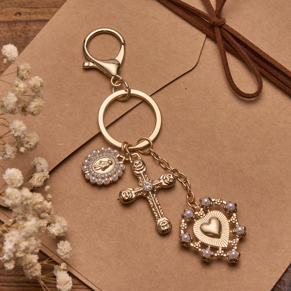 Christianartworkshop Vintage Keychain With Jeweled Cross And Pearl Border Our Lady Medal & Filigree Sacred Heart Charm - Our Lady & Cross - image 0
