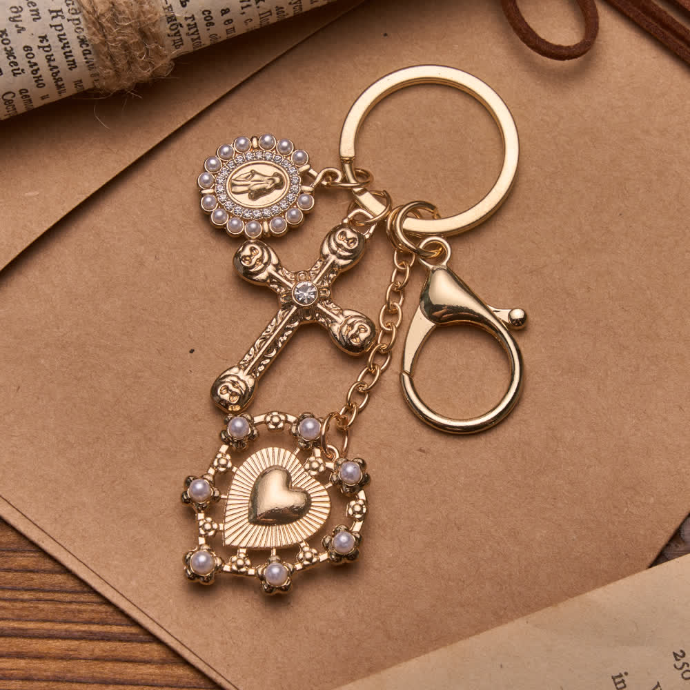 Christianartworkshop Vintage Keychain With Jeweled Cross And Pearl Border Our Lady Medal & Filigree Sacred Heart Charm - image 1