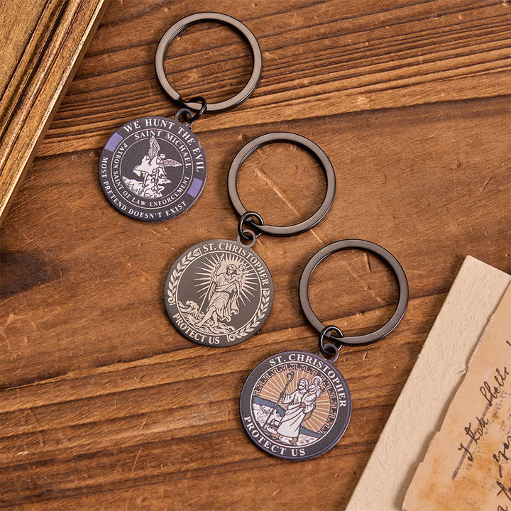 Christianartworkshop Dual Sided Engraved Saint Christopher Round Metal Keychain For Travelers - image 0