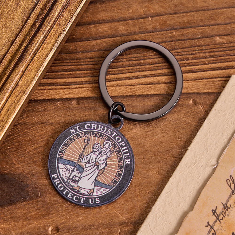 Christianartworkshop Dual Sided Engraved Saint Christopher Round Metal Keychain For Travelers - Colorful St.Christopher - image 1