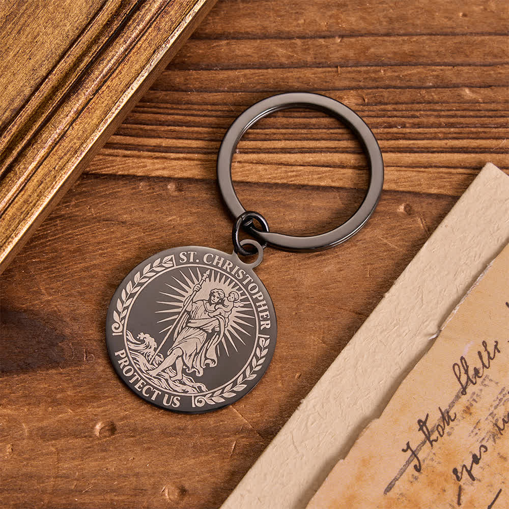 Christianartworkshop Dual Sided Engraved Saint Christopher Round Metal Keychain For Travelers - Black St.Christopher - image 3