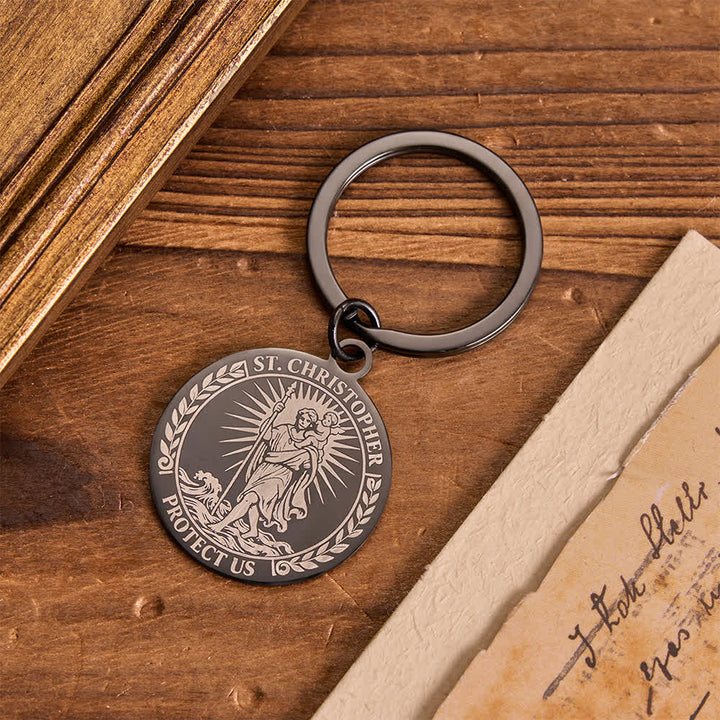 Christianartworkshop Dual Sided Engraved Saint Christopher Round Metal Keychain For Travelers - Black St.Christopher - image 3