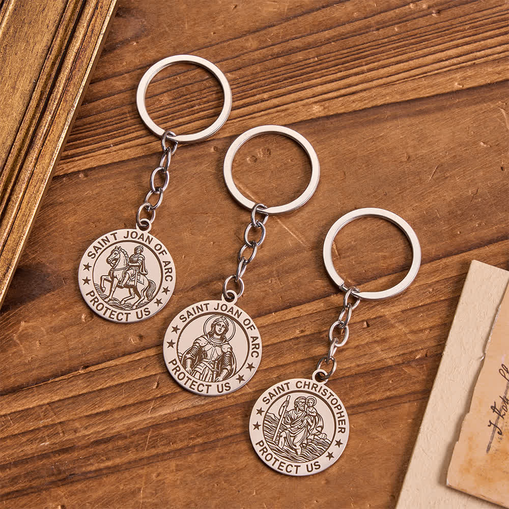 Christianartworkshop Deep Engraved Saint Joan of Arc & Saint Christopher Medallion Keychain With Extended Link Chain - image 1