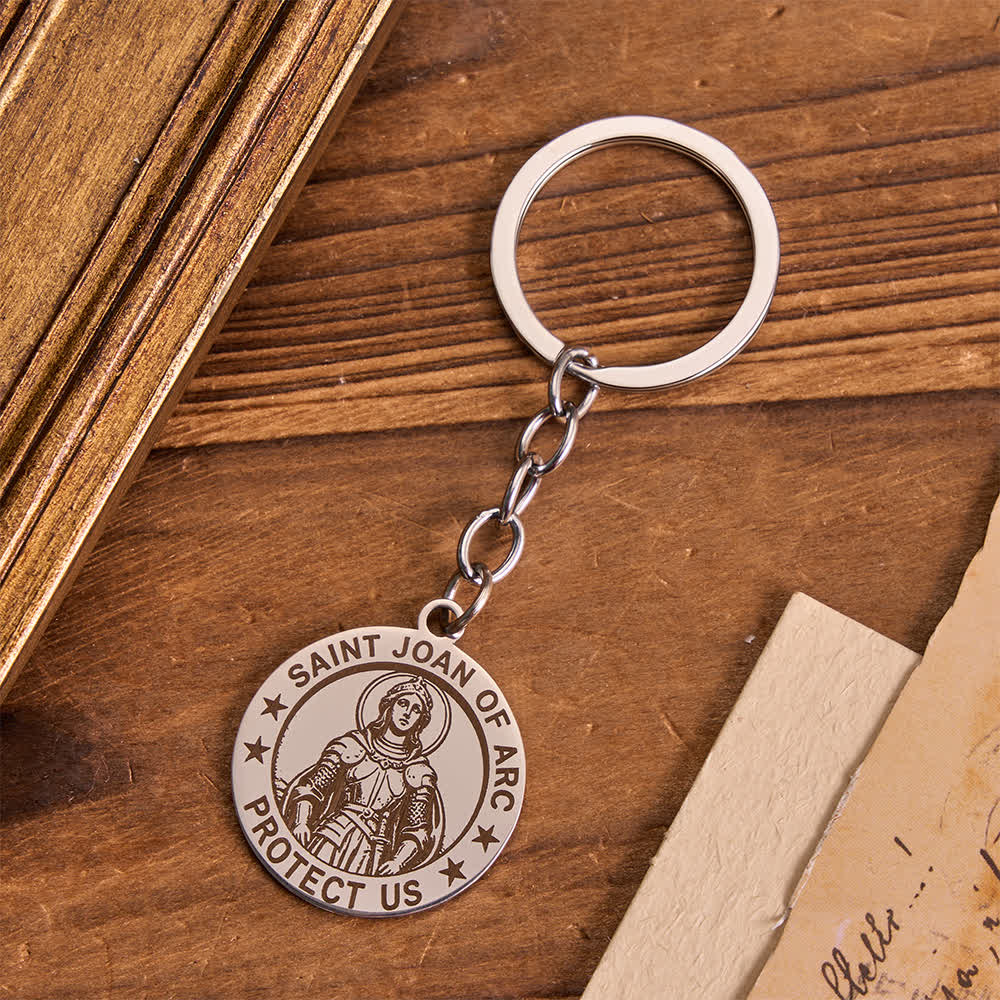 Christianartworkshop Deep Engraved Saint Joan of Arc & Saint Christopher Medallion Keychain With Extended Link Chain - St.Joan of ARC A - image 2