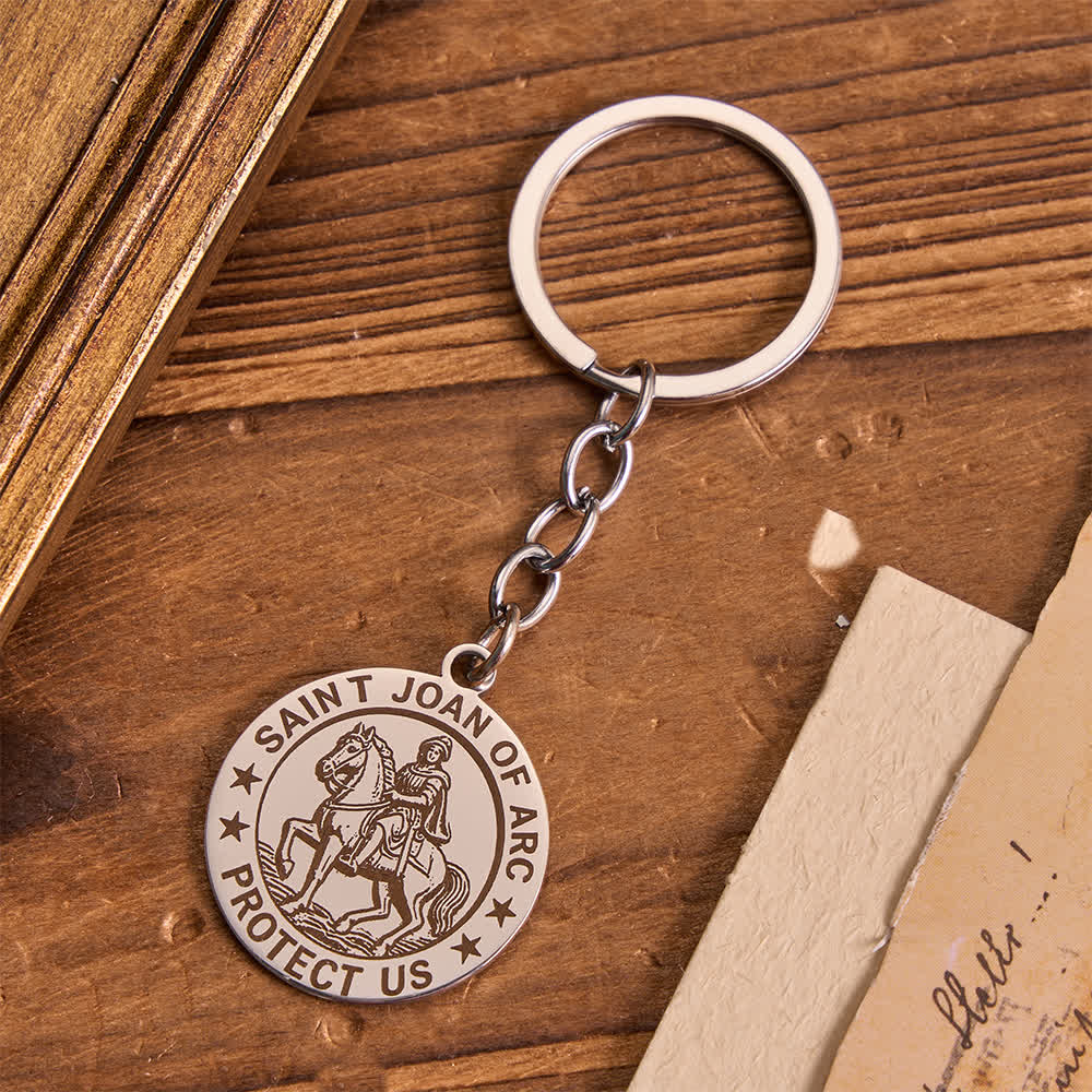 Christianartworkshop Deep Engraved Saint Joan of Arc & Saint Christopher Medallion Keychain With Extended Link Chain - St.Joan of ARC B - image 3
