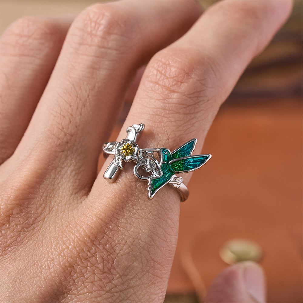 Christianartworkshop Green Enamel Hummingbird Floral Cross Ring: Emblem of Vigilant Heavenly Hope - image 1