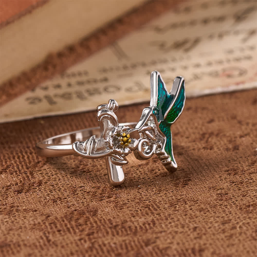 Christianartworkshop Green Enamel Hummingbird Floral Cross Ring: Emblem of Vigilant Heavenly Hope - image 2