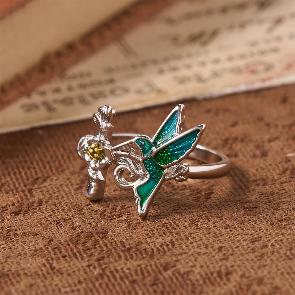 Christianartworkshop Green Enamel Hummingbird Floral Cross Ring: Emblem of Vigilant Heavenly Hope - image 3