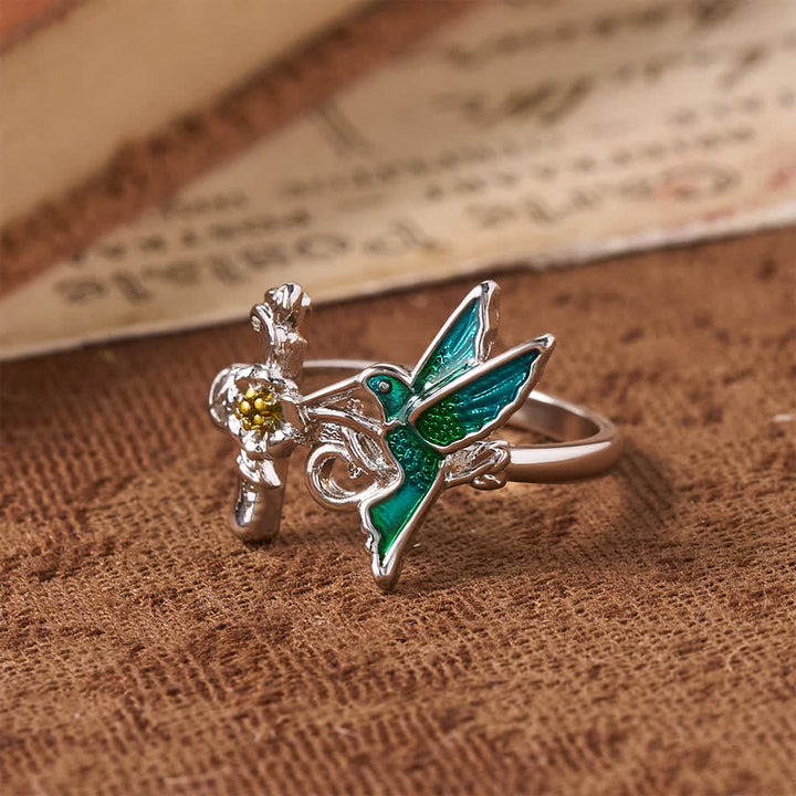Christianartworkshop Green Enamel Hummingbird Floral Cross Ring: Emblem of Vigilant Heavenly Hope - image 3