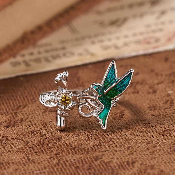 Christianartworkshop Green Enamel Hummingbird Floral Cross Ring: Emblem of Vigilant Heavenly Hope - US 10 - image 0