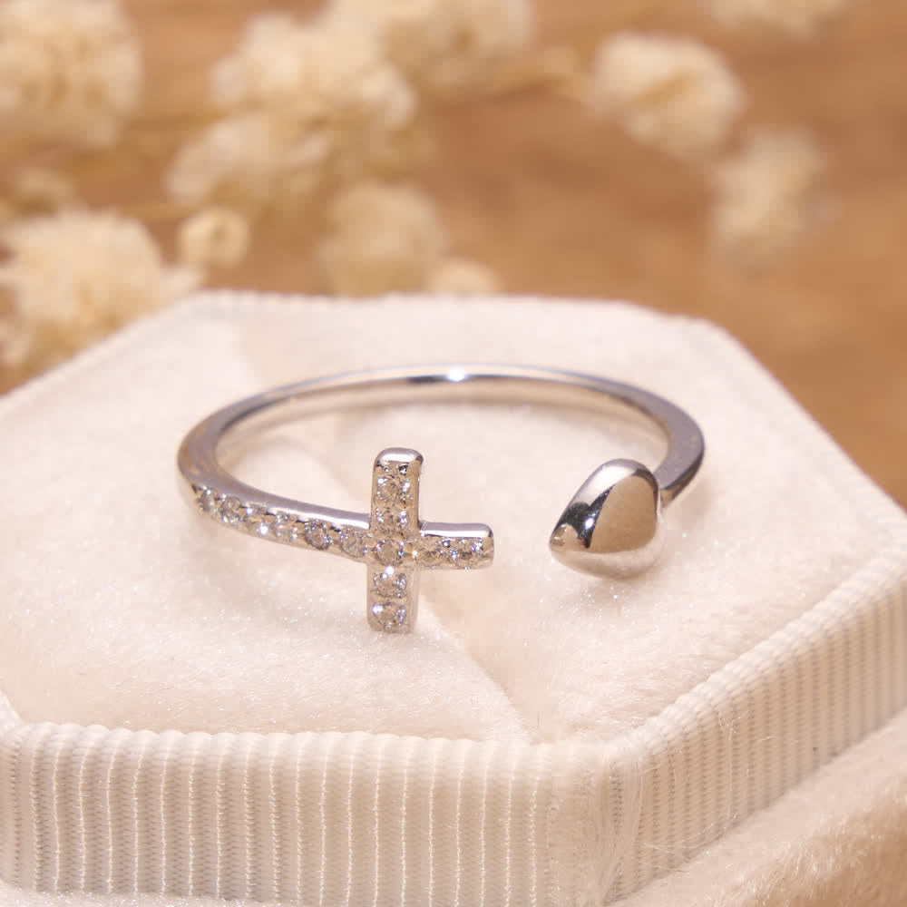 Christianartworkshop Minimal Pave Zircon Cross Open Ring With Solid Heart Tip: Emblem of Sincere Heavenly Devotion - image 1