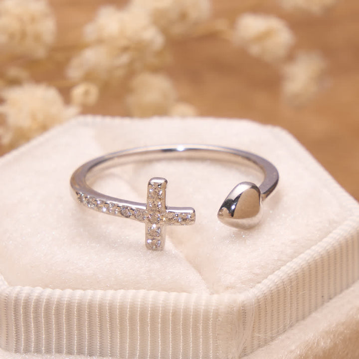 Christianartworkshop Minimal Pave Zircon Cross Open Ring With Solid Heart Tip: Emblem of Sincere Heavenly Devotion - image 1