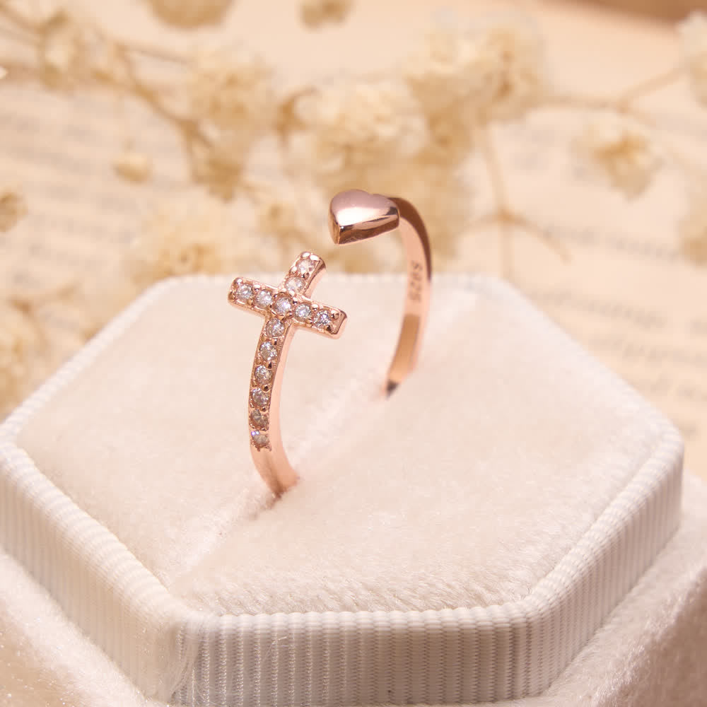 Christianartworkshop Minimal Pave Zircon Cross Open Ring With Solid Heart Tip: Emblem of Sincere Heavenly Devotion - Rosegold( Suitable for US Sizes 6-9 ) - image 4