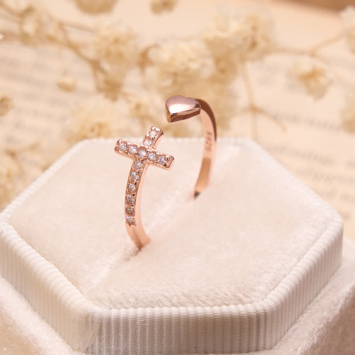 Christianartworkshop Minimal Pave Zircon Cross Open Ring With Solid Heart Tip: Emblem of Sincere Heavenly Devotion - Rosegold( Suitable for US Sizes 6-9 ) - image 4