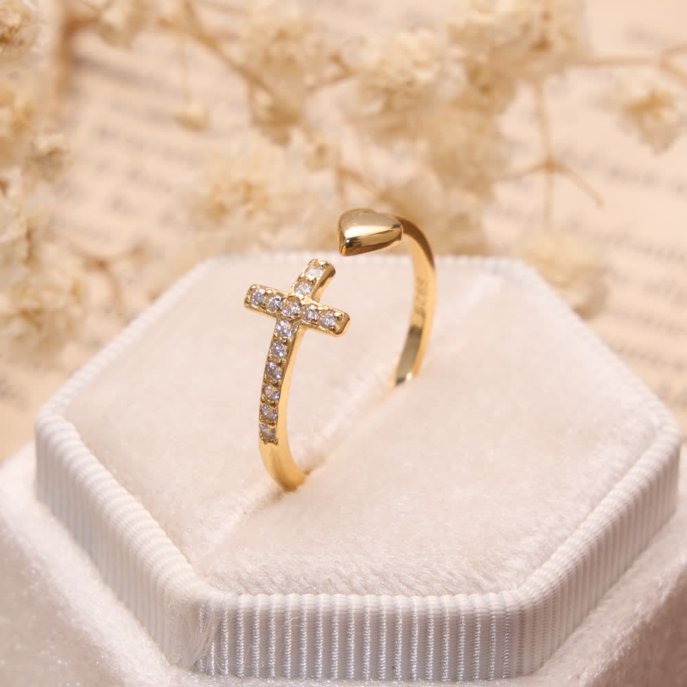 Christianartworkshop Minimal Pave Zircon Cross Open Ring With Solid Heart Tip: Emblem of Sincere Heavenly Devotion - Golden( Suitable for US Sizes 6-9 ) - image 2